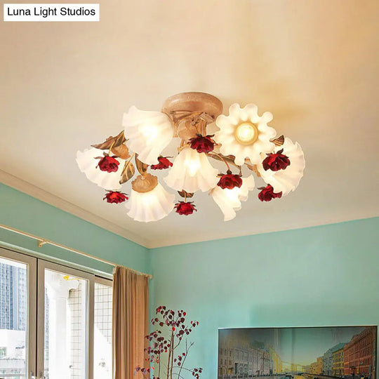 Brown 4/7/9-Bulb Semi Flush Mount Pastoral Frosted Glass Ceiling Light With Red Flower Design