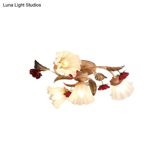 Brown 4/7/9-Bulb Semi Flush Mount Pastoral Frosted Glass Ceiling Light With Red Flower Design