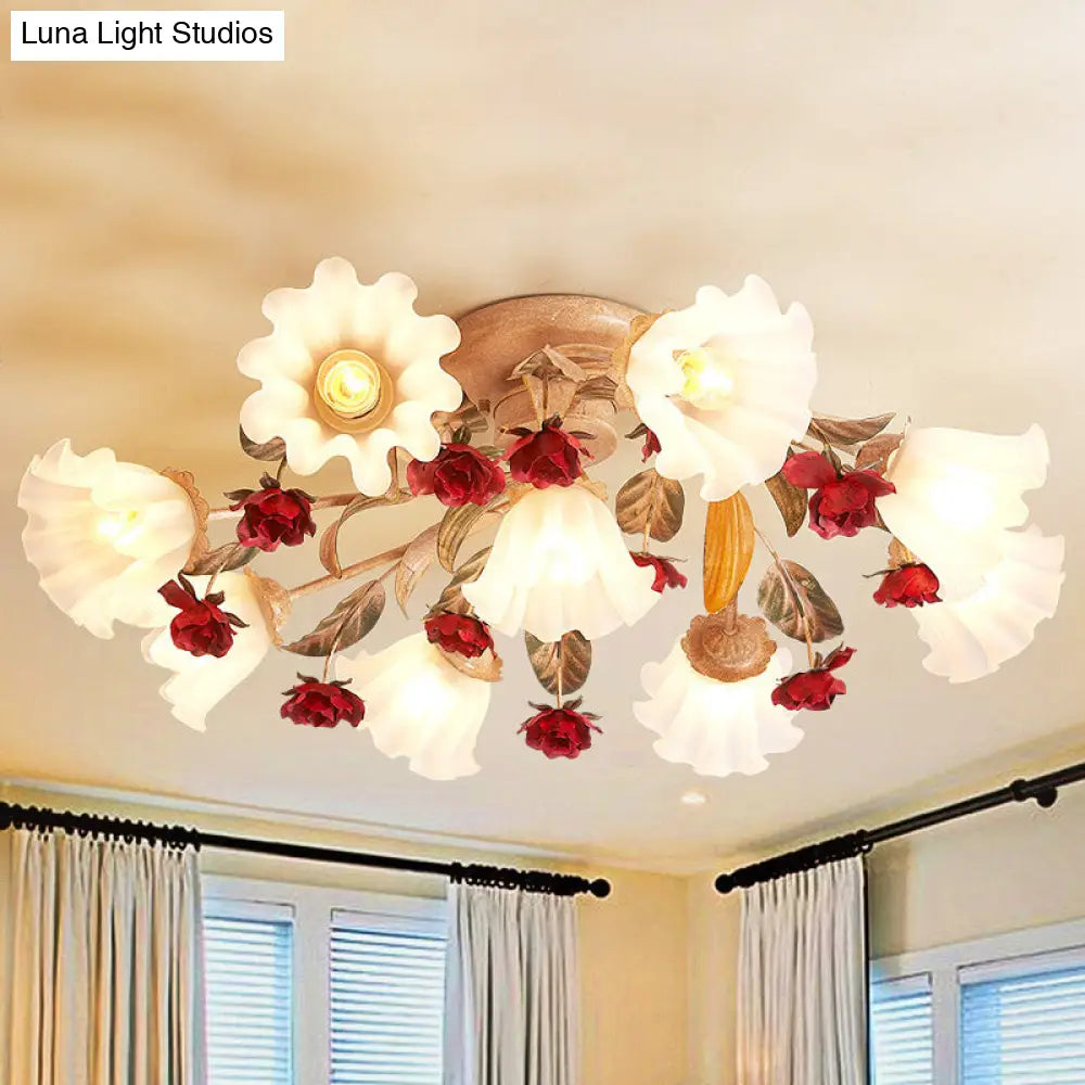 Brown 4/7/9-Bulb Semi Flush Mount Pastoral Frosted Glass Ceiling Light With Red Flower Design 9 /