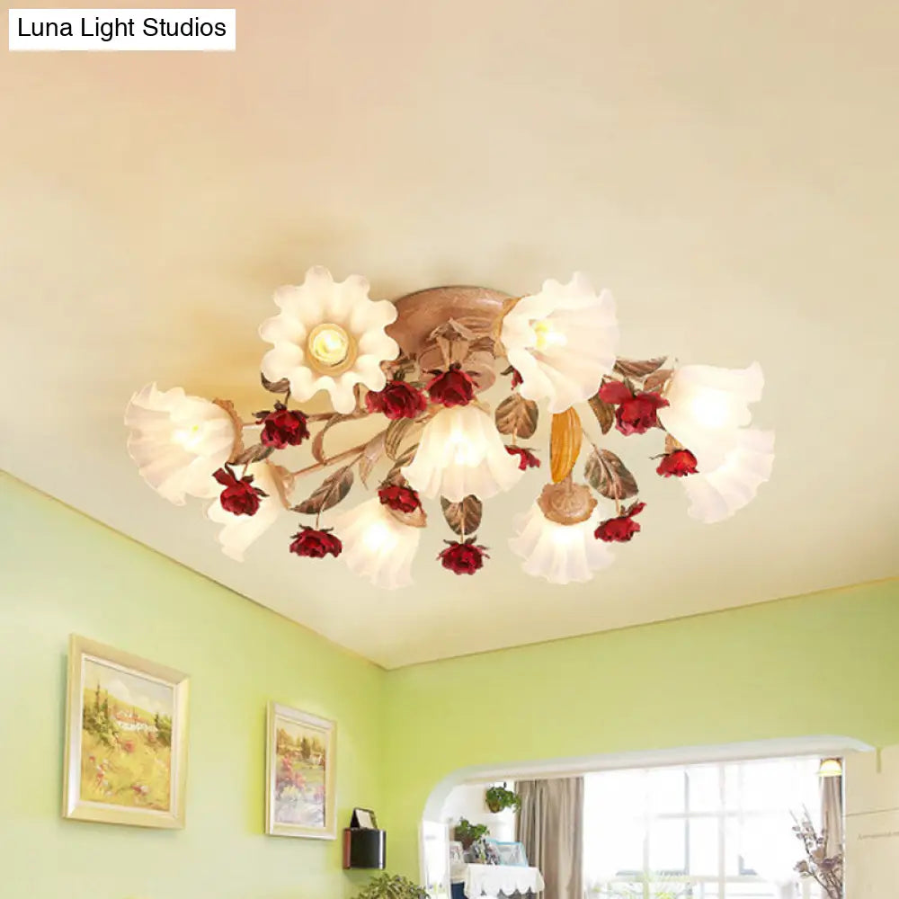 Brown 4/7/9-Bulb Semi Flush Mount Pastoral Frosted Glass Ceiling Light With Red Flower Design