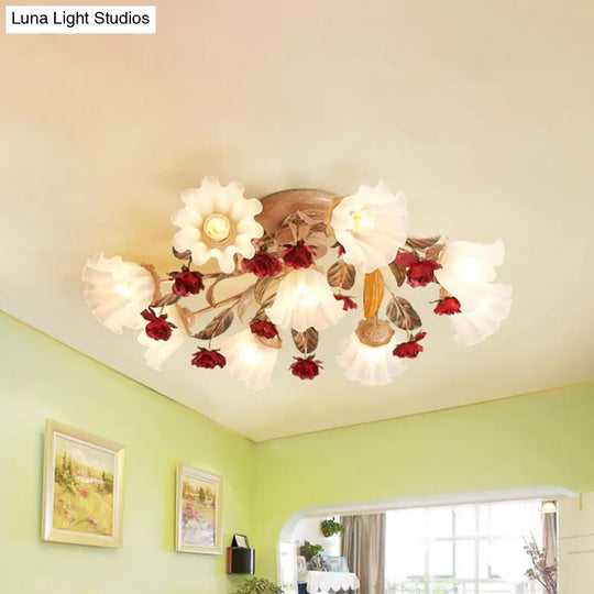 Brown 4/7/9-Bulb Semi Flush Mount Pastoral Frosted Glass Ceiling Light With Red Flower Design