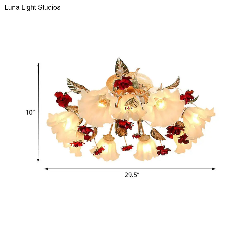 Brown 4/7/9-Bulb Semi Flush Mount Pastoral Frosted Glass Ceiling Light With Red Flower Design