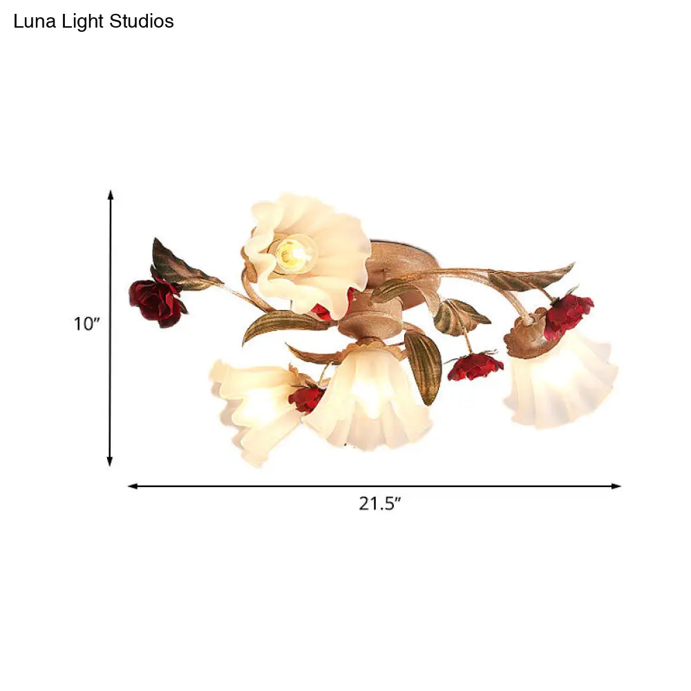 Brown 4/7/9-Bulb Semi Flush Mount Pastoral Frosted Glass Ceiling Light With Red Flower Design