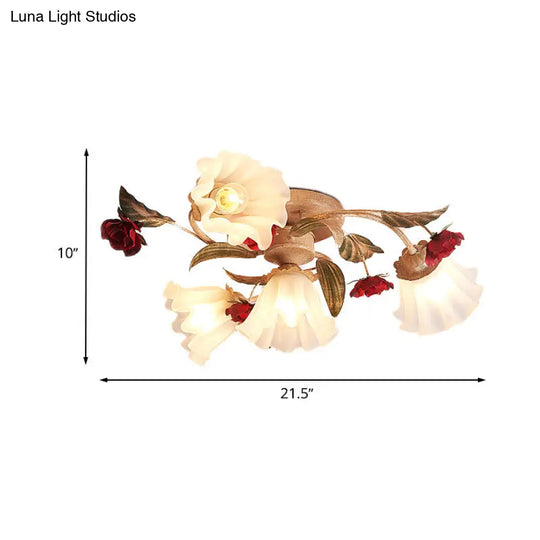 Brown 4/7/9-Bulb Semi Flush Mount Pastoral Frosted Glass Ceiling Light With Red Flower Design