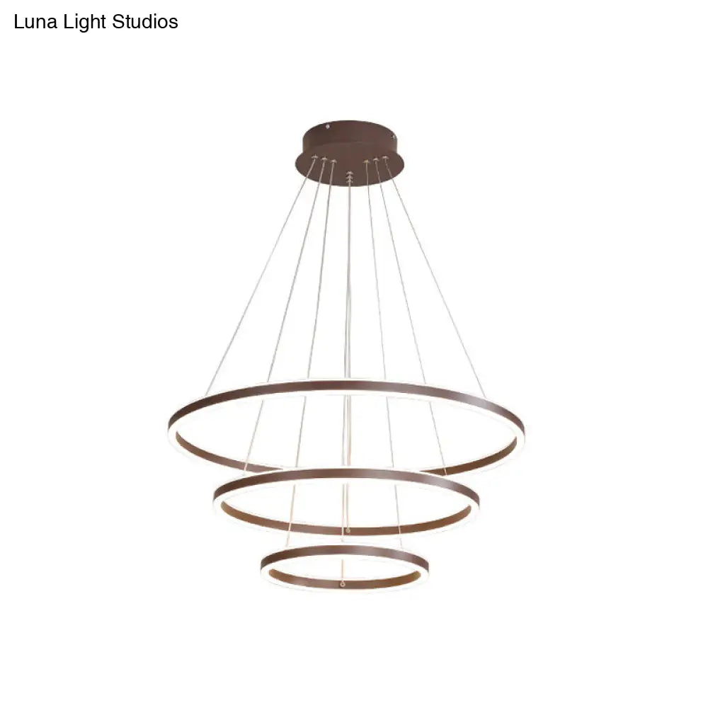 Minimalist Brown Ring Chandelier With Acrylic Led For Dining Room - 2/3/4 Tiers