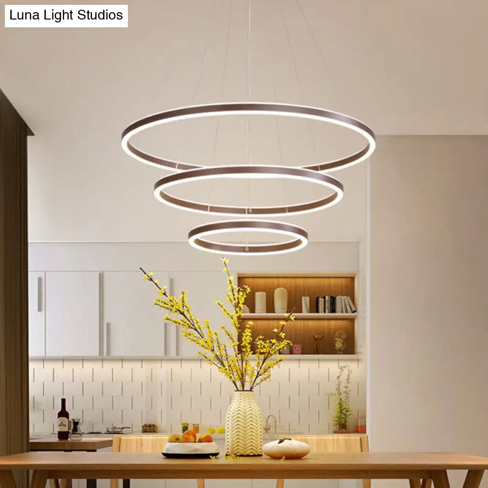 Minimalist Brown Ring Chandelier With Acrylic Led For Dining Room - 2/3/4 Tiers