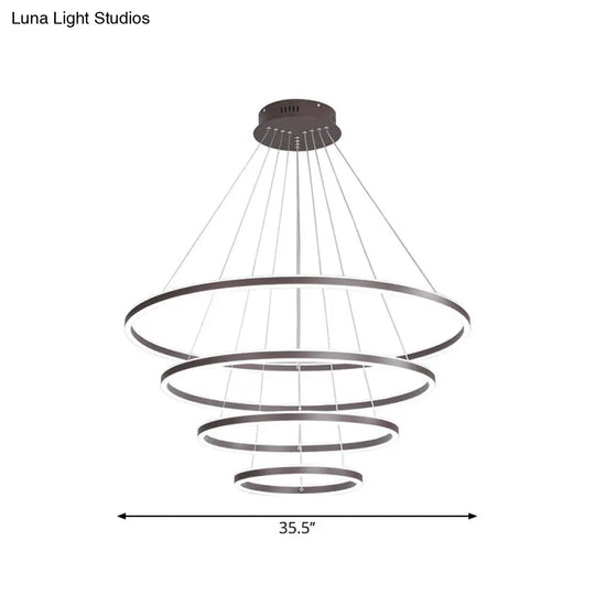 Minimalist Brown Ring Chandelier With Acrylic Led For Dining Room - 2/3/4 Tiers