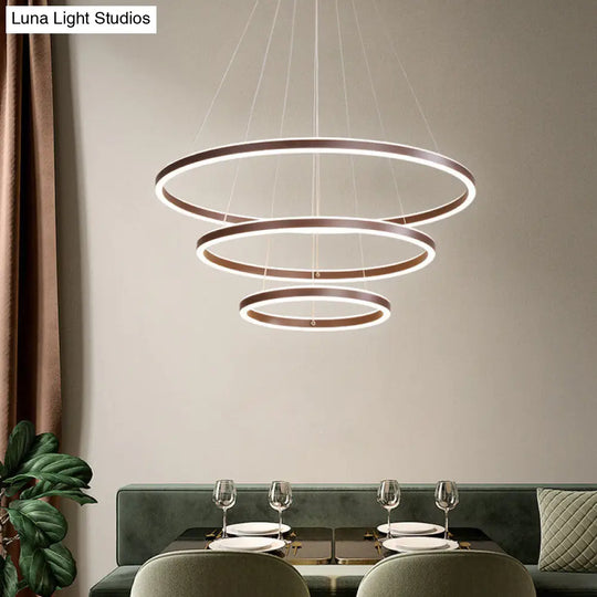 Minimalist Brown Ring Chandelier With Acrylic Led For Dining Room - 2/3/4 Tiers