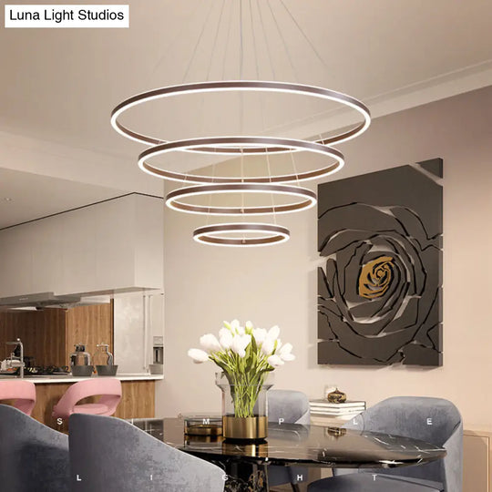 Minimalist Brown Ring Chandelier With Acrylic Led For Dining Room - 2/3/4 Tiers / 4