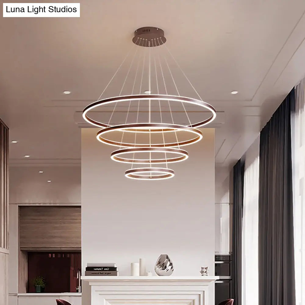 Brown 4 Tier Minimalistic Acrylic Led Ring Chandelier For Dining Room