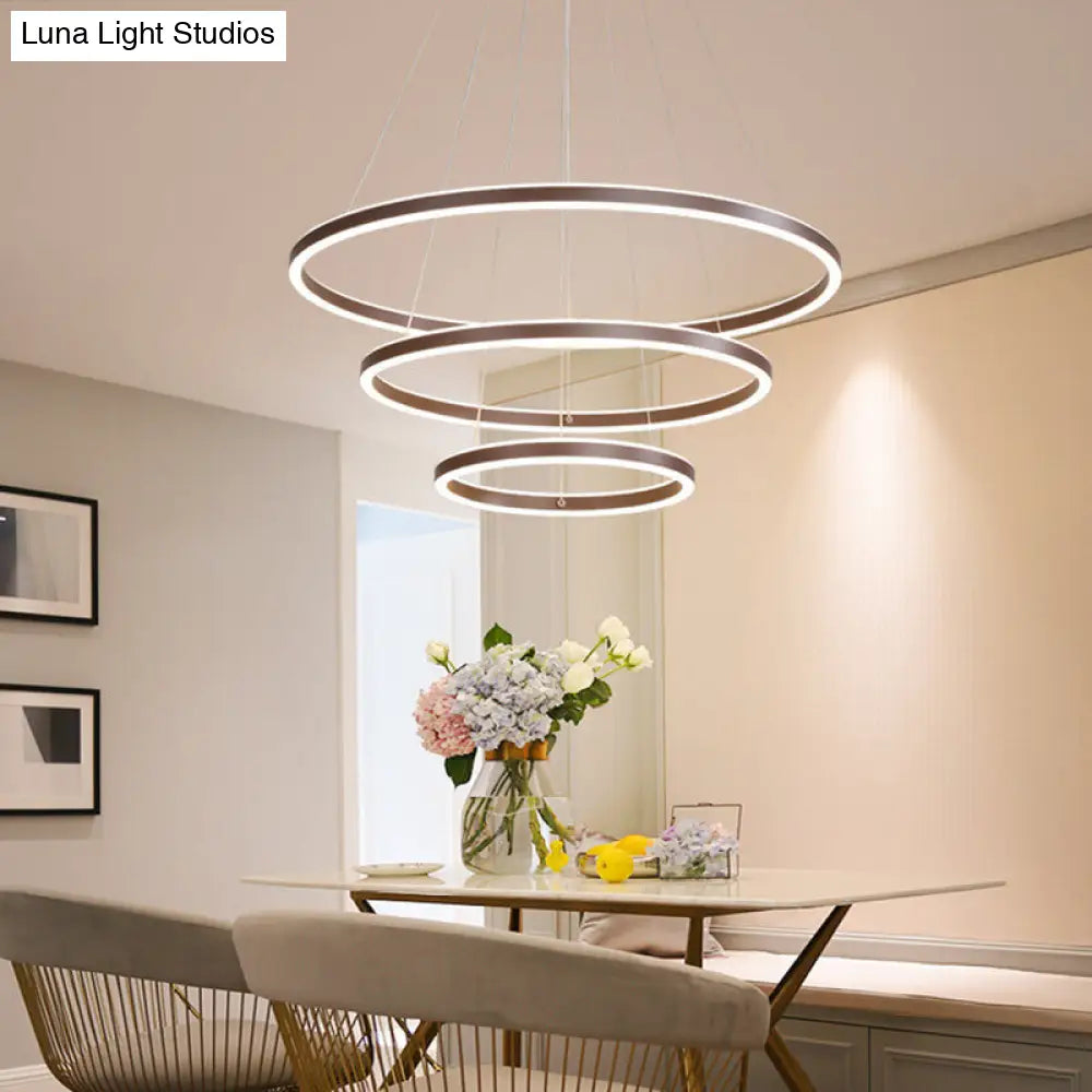 Minimalist Brown Ring Chandelier With Acrylic Led For Dining Room - 2/3/4 Tiers / 3