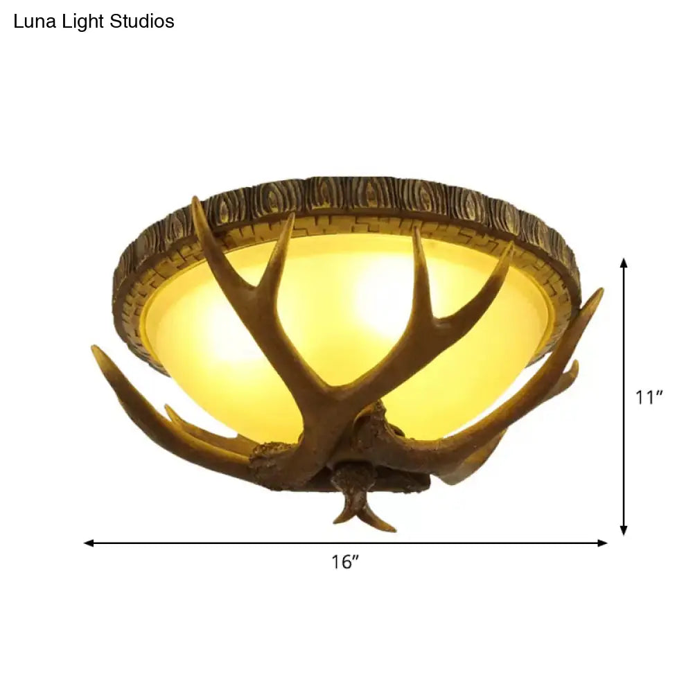 Brown Antler Ceiling Flush Light - Lodge Resin 3 - Bulb Kitchen Mount Lamp With Frosted Glass Shade