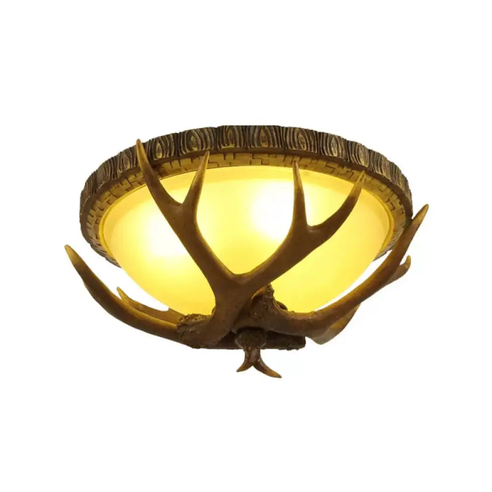 Brown Antler Ceiling Flush Light - Lodge Resin 3 - Bulb Kitchen Mount Lamp With Frosted Glass Shade