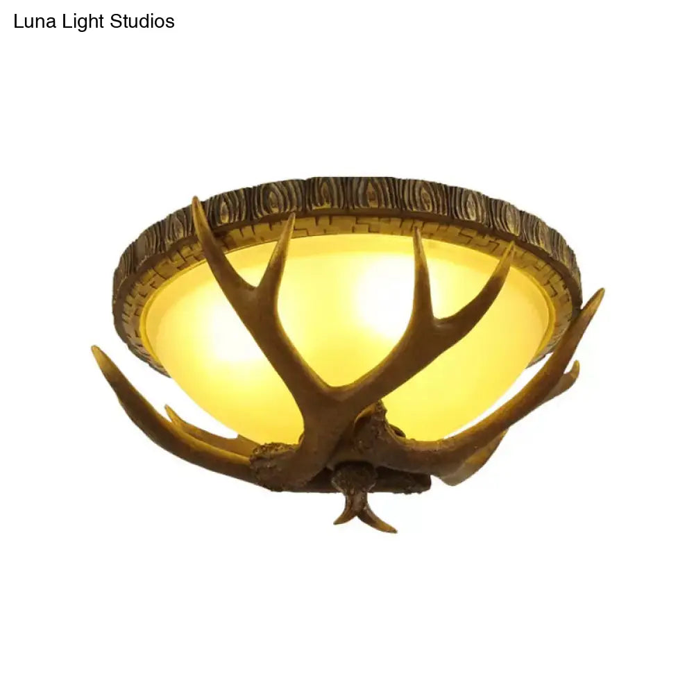 Brown Antler Ceiling Flush Light - Lodge Resin 3-Bulb Kitchen Mount Lamp With Frosted Glass Shade
