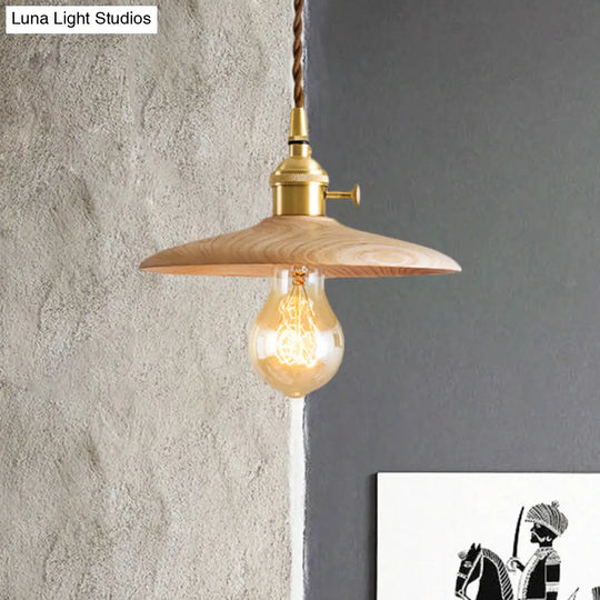 Brown/Beige Conical Living Room Suspension Light - 1 Contemporary Hanging Lamp In Wood Finish