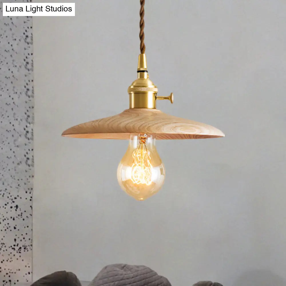 Contemporary Conical Hanging Lamp In Brown/Beige 1-Light Wood Suspension Light For Living Room