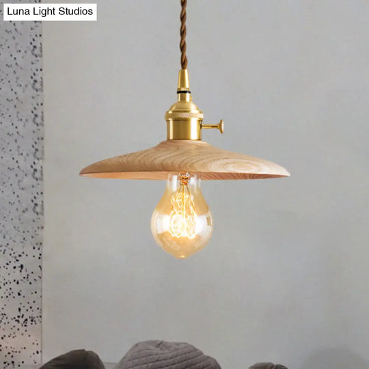 Contemporary Conical Hanging Lamp In Brown/Beige 1-Light Wood Suspension Light For Living Room