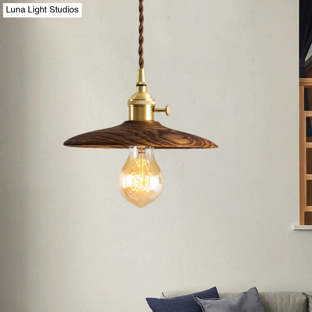 Contemporary Conical Hanging Lamp In Brown/Beige 1-Light Wood Suspension Light For Living Room Brown