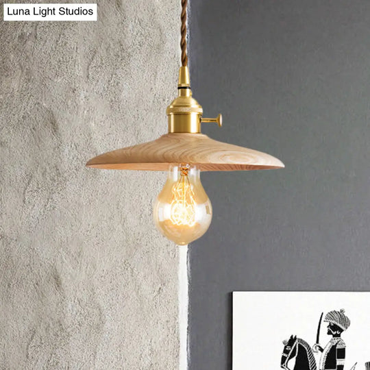 Contemporary Conical Hanging Lamp In Brown/Beige 1-Light Wood Suspension Light For Living Room Beige