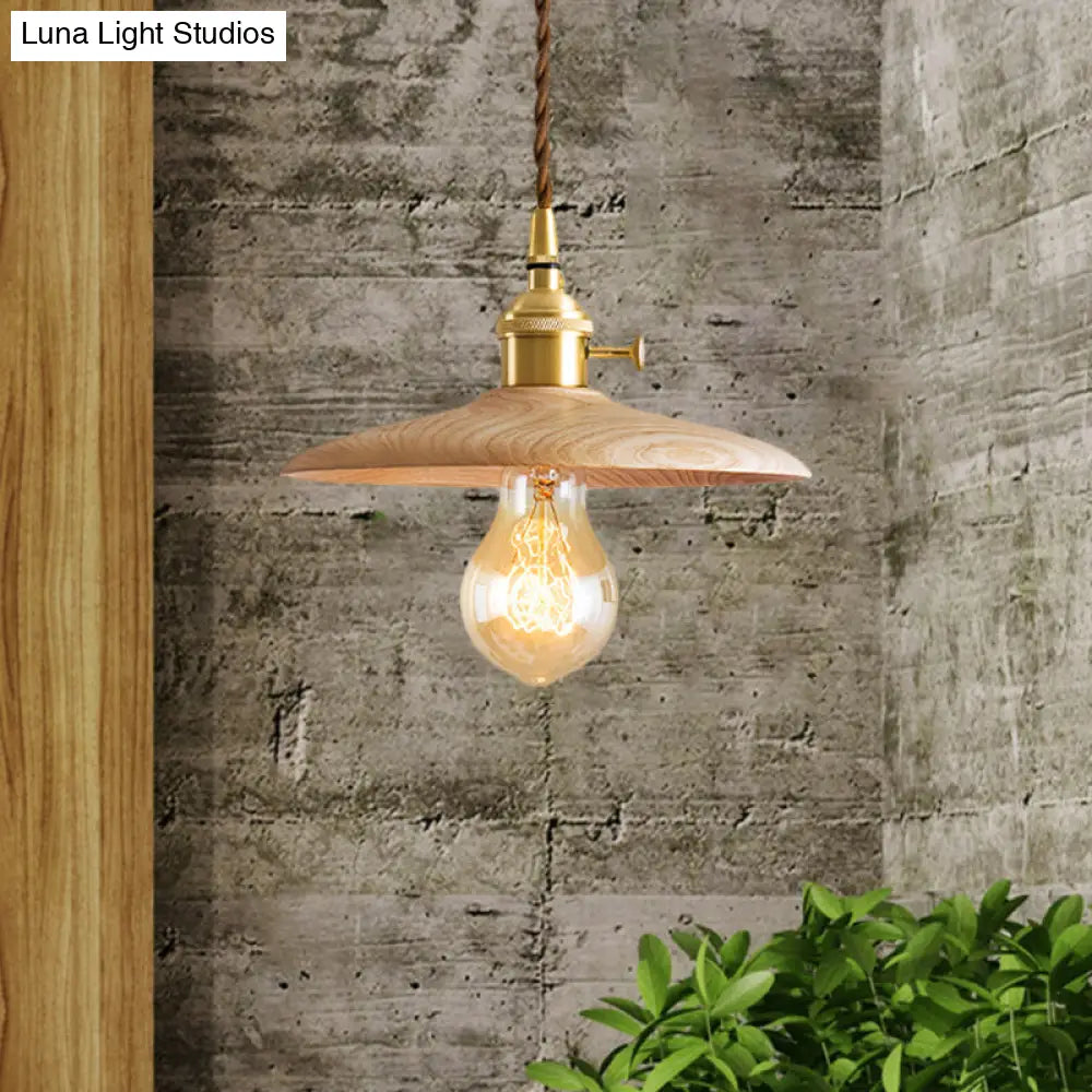 Contemporary Conical Hanging Lamp In Brown/Beige 1-Light Wood Suspension Light For Living Room