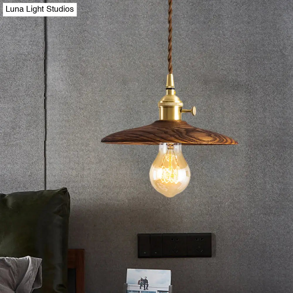 Brown/Beige Conical Living Room Suspension Light - 1 Contemporary Hanging Lamp In Wood Finish