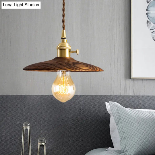 Contemporary Conical Hanging Lamp In Brown/Beige 1-Light Wood Suspension Light For Living Room