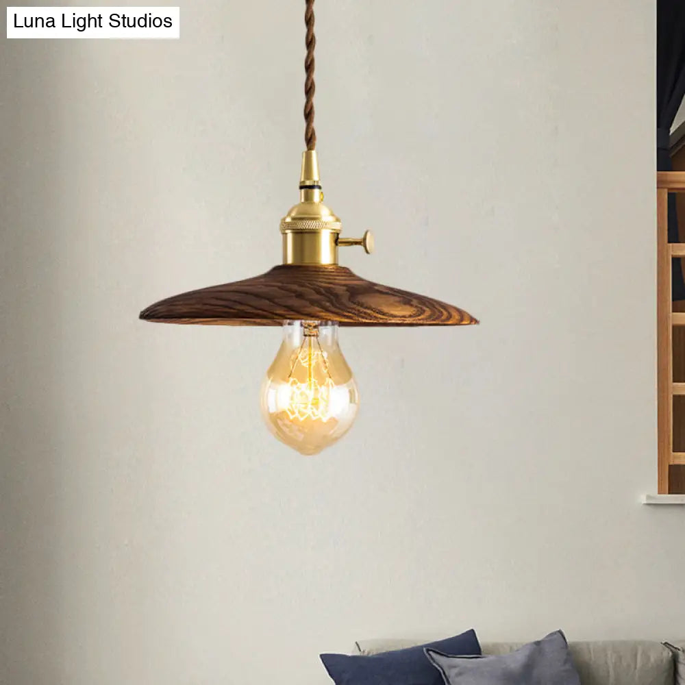 Brown/Beige Conical Living Room Suspension Light - 1 Contemporary Hanging Lamp In Wood Finish