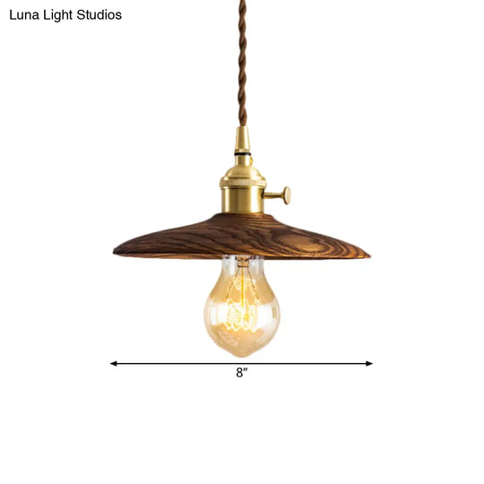 Contemporary Conical Hanging Lamp In Brown/Beige 1-Light Wood Suspension Light For Living Room