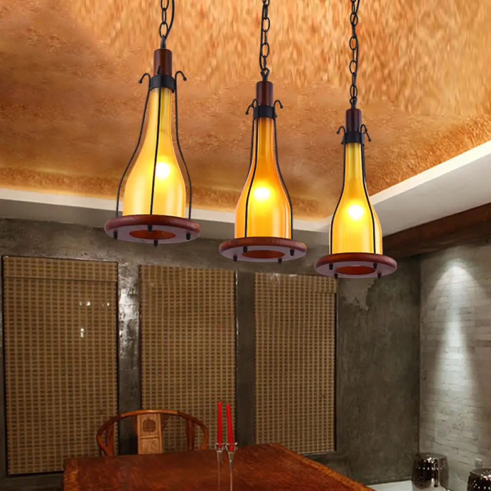 Brown Bottle Pendant Light With Cluster Design - Yellow/White Glass 3 Heads For Dining Room Ceiling