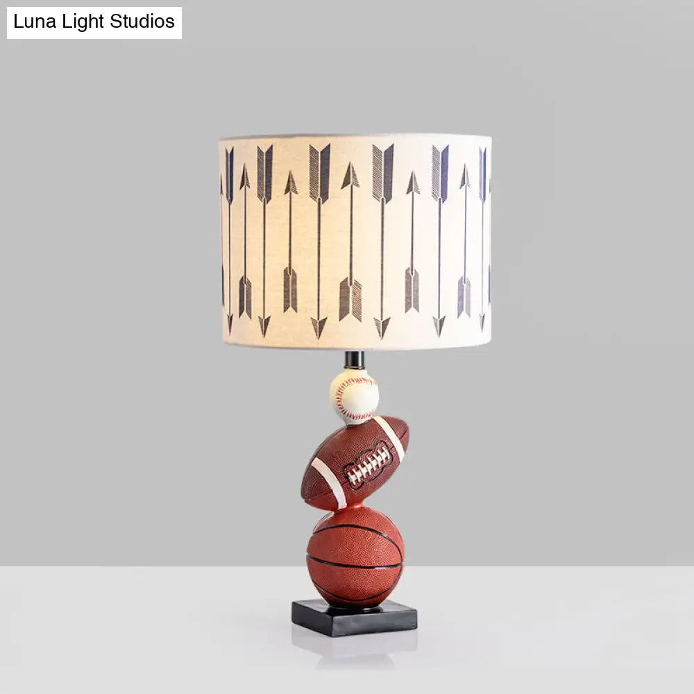 Brown Cartoon Night Table Lamp With Ball Decor - Cylinder Fabric Task Light For Bedroom