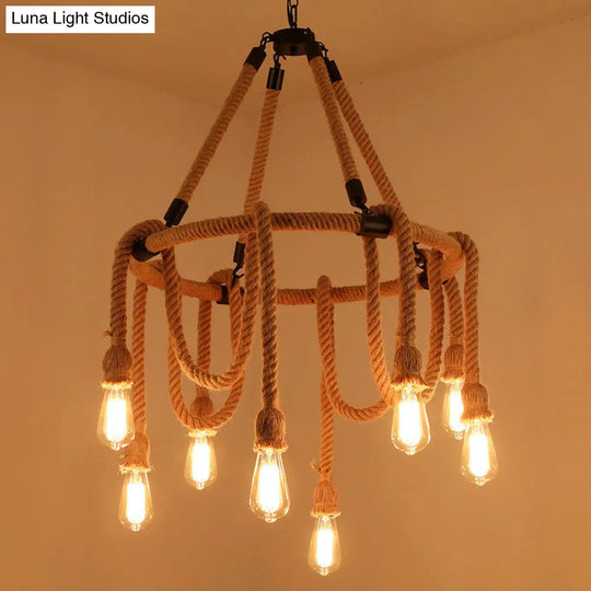 Brown Circle Ceiling Suspension Lamp - Lodge Roped 6/8-Light Chandelier With Naked Bulb Design For