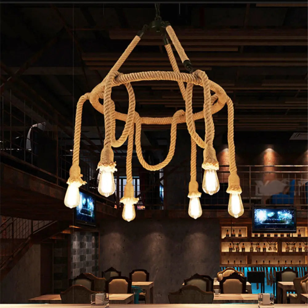 Brown Circle Ceiling Suspension Lamp - Lodge Style 6/8 Lights Restaurant Chandelier With Naked Bulb