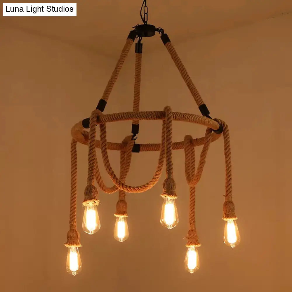 Brown Circle Ceiling Suspension Lamp - Lodge Style 6/8 Lights Restaurant Chandelier With Naked Bulb