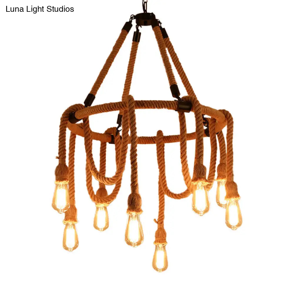Brown Circle Ceiling Suspension Lamp - Lodge Roped 6/8-Light Chandelier With Naked Bulb Design For