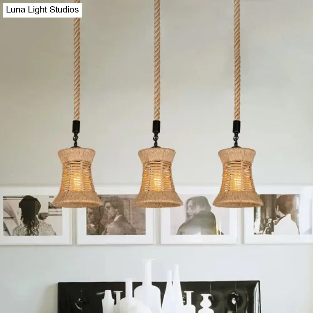 Brown Flared Shade Multi-Light Pendant With Rural Rope Detailing - 3-Bulb Ceiling Hang Lamp For