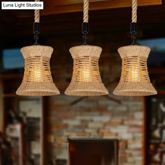 Rustic Brown Flared Shade Pendant With 3 Bulbs - Dining Room Ceiling Lamp