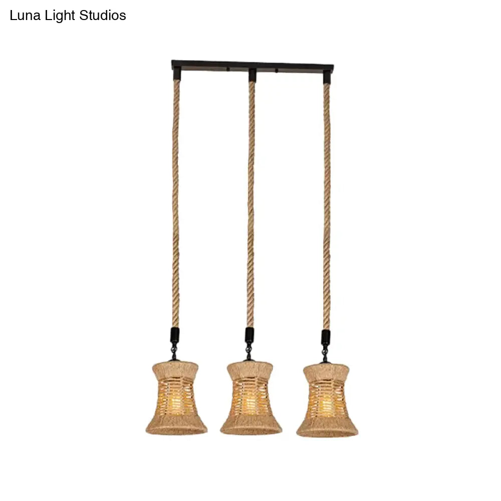 Brown Flared Shade Multi-Light Pendant With Rural Rope Detailing - 3-Bulb Ceiling Hang Lamp For