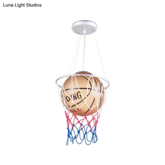 Brown Glass Basketball Pendant Light With Hoop - Sporty 1-Head Hanging Lamp For Bedroom