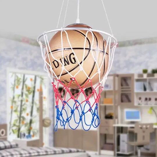 Brown Glass Basketball Pendant Light With Hoop - Sporty 1-Head Hanging Lamp For Bedroom