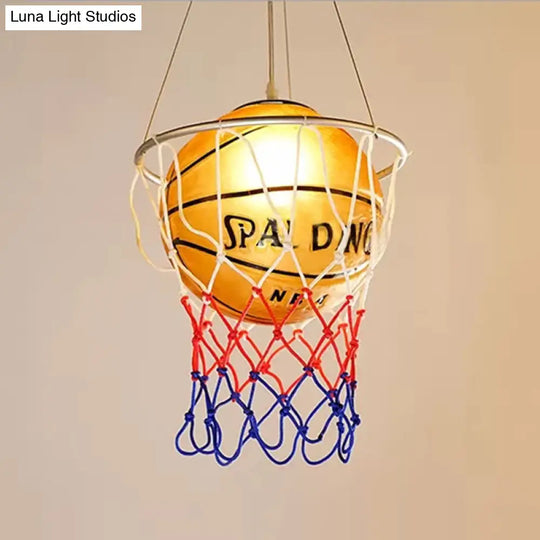 Brown Glass Basketball Pendant Light With Hoop - Sporty 1-Head Hanging Lamp For Bedroom