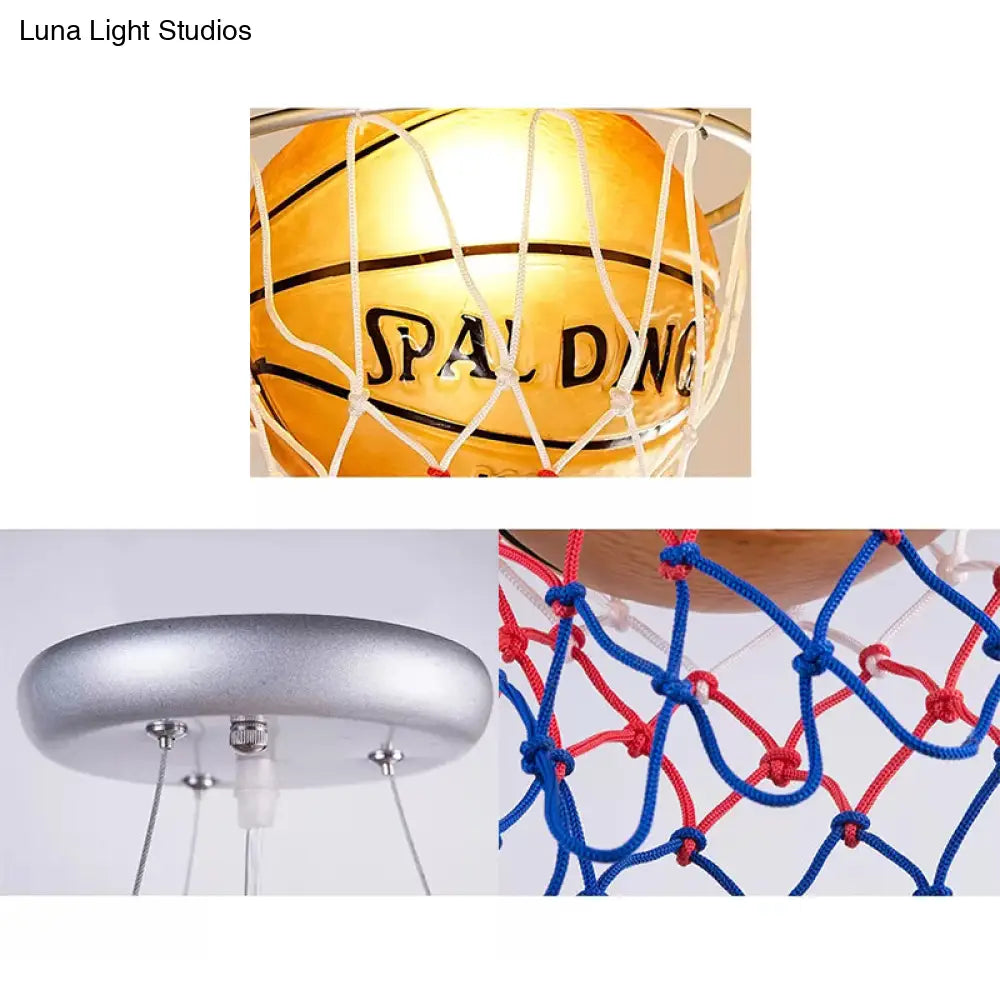 Brown Glass Basketball Pendant Light With Hoop - Sporty 1-Head Hanging Lamp For Bedroom