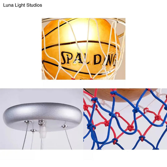 Brown Glass Basketball Pendant Light With Hoop - Sporty 1-Head Hanging Lamp For Bedroom