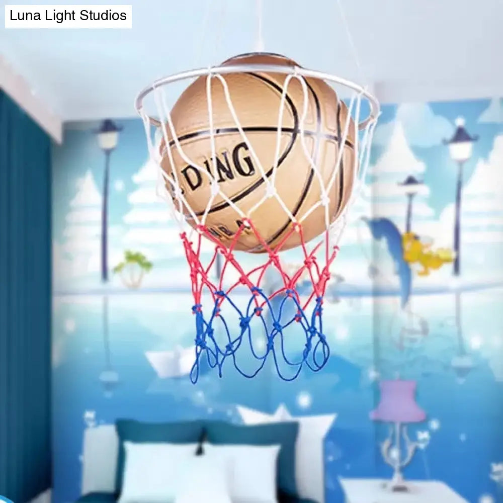 Brown Glass Basketball Pendant Light With Hoop - Sporty 1-Head Hanging Lamp For Bedroom