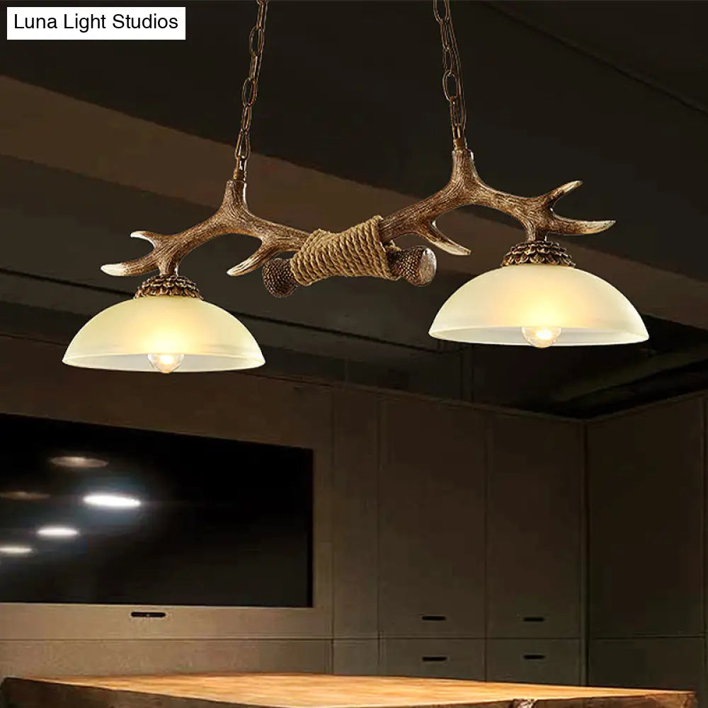 Brown Glass Island Lamp - 2-Bulb Suspension Light For Restaurants With Traditional Design