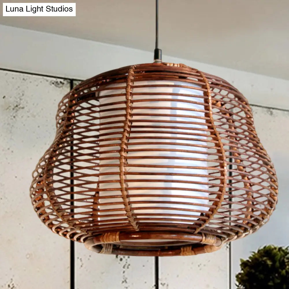 Brown Gourd Pendant Lamp - Asian Inspired Bamboo Hanging Ceiling Light With White Tubular Shade