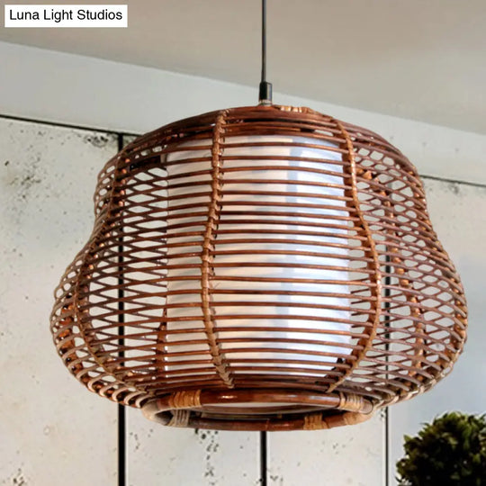 Brown Gourd Pendant Lamp - Asian Inspired Bamboo Hanging Ceiling Light With White Tubular Shade