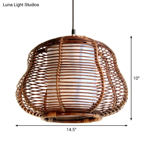 Brown Gourd Pendant Lamp - Asian Inspired Bamboo Hanging Ceiling Light With White Tubular Shade