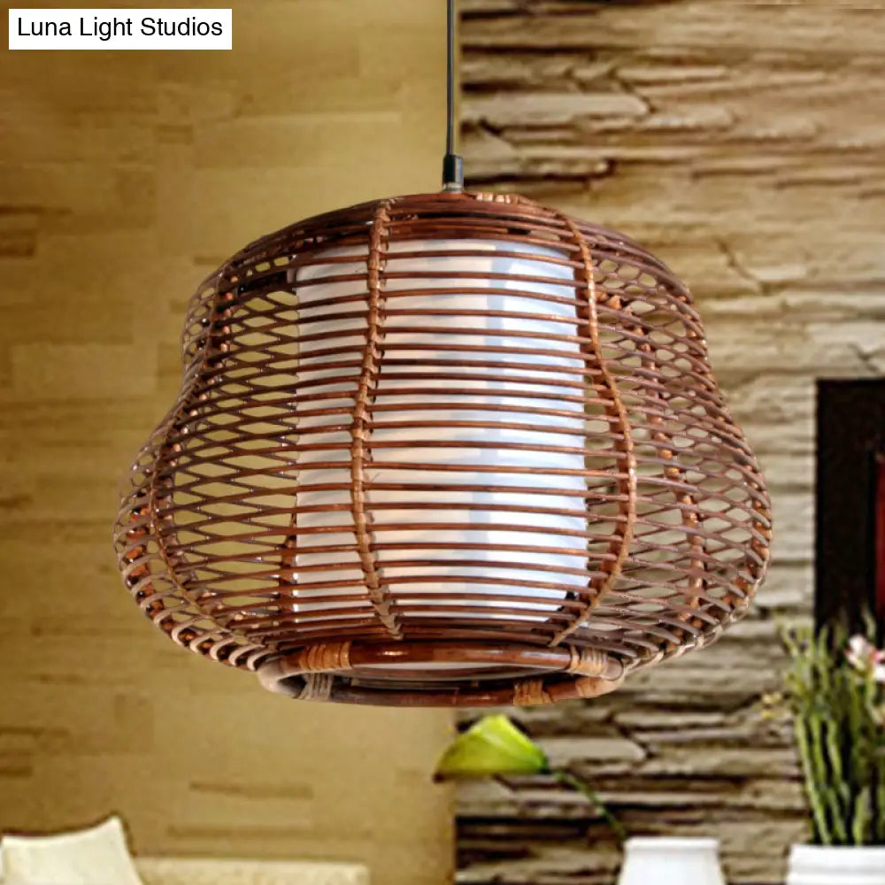 Brown Gourd Pendant Lamp - Asian Inspired Bamboo Hanging Ceiling Light With White Tubular Shade