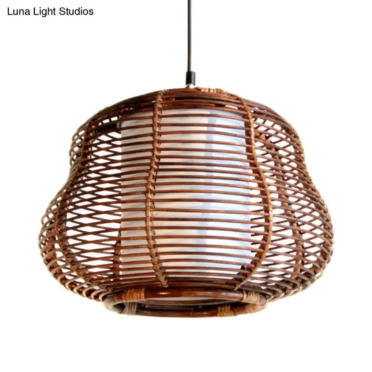 Brown Gourd Pendant Lamp - Asian Inspired Bamboo Hanging Ceiling Light With White Tubular Shade