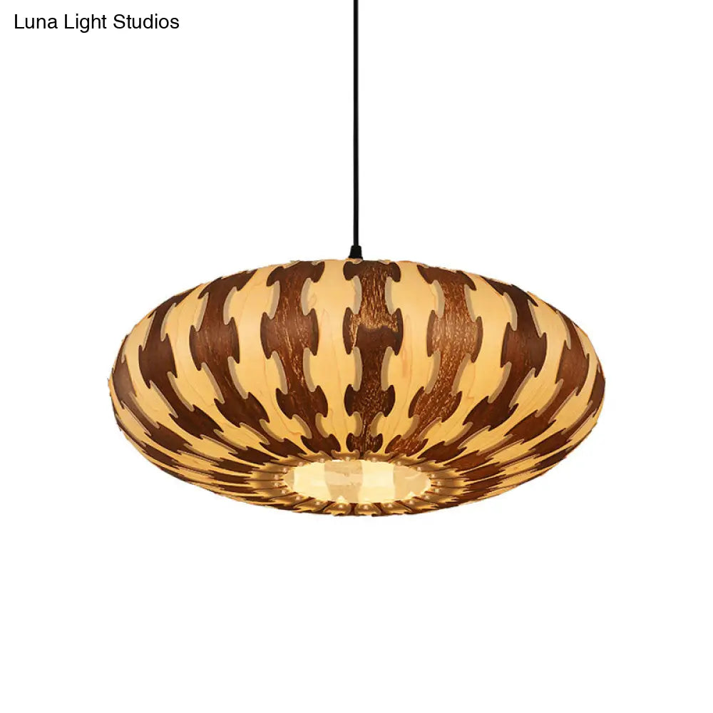 Brown Oval Lantern Ceiling Pendant Light - Asia Style Wood Led Hanging Lamp